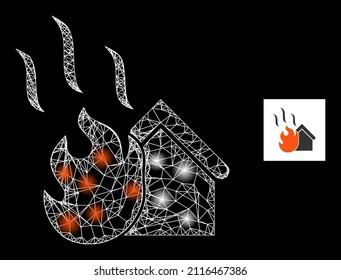 Shiny crossing mesh house fire icon with illuminated spots. Illuminated constellation is done using house fire vector icon and intersected lines. Constellation carcass house fire,