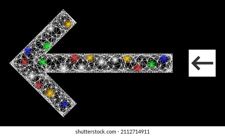 Shiny crossing mesh left arrow with colored light dots. Illuminated vector mesh created from left arrow pictogram. Sparkle carcass mesh left arrow, on a black backgound.