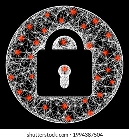 Shiny crossing mesh locked frame with flash nodes. Constellation vector frame created from locked pictogram and crossing white lines. Sparkle frame wired locked, on a black backgound.