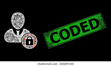 Shiny crossing mesh locked user carcass with glowing spots, and green rectangle textured Coded seal print. Illuminated vector frame created from locked user pictogram and crossing white lines.