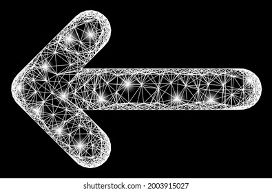 Shiny crossing mesh move left carcass with flash nodes. Constellation vector structure created from move left pictogram and crossed white lines. Sparkle constellation mesh move left,