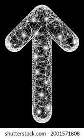 Shiny crossing mesh move up wireframe with light dots. Constellation vector structure created from move up pictogram and crossing white lines. Sparkle carcass mesh move up, on a black backgound.