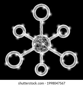 Shiny crossing mesh network framework with lightspots. Constellation vector carcass created from network pictogram and intersected white lines. Sparkle constellation mesh network,