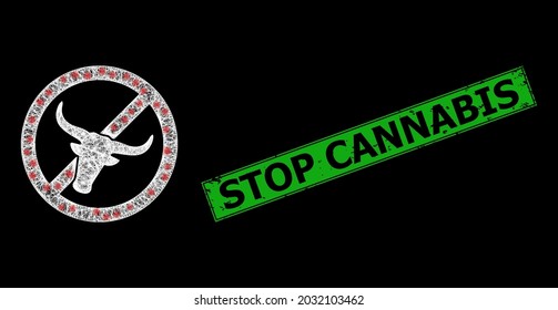 Shiny crossing mesh no beef meat carcass with light spots, and green rectangle rubber Stop Cannabis seal. Illuminated vector mesh created from no beef meat icon and crossing white lines.