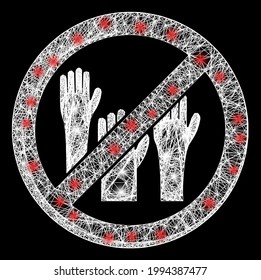 Shiny crossing mesh stop voting hands frame with glowing spots. Constellation vector model created from stop voting hands icon and crossing white lines.