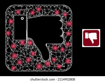 Shiny crossing mesh thumb negative icon with illuminated light spots. Illuminated constellation done from thumb negative vector icon and crossing lines. Constellation carcass thumb negative,