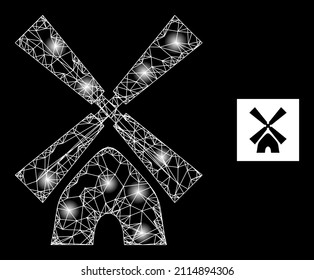 Shiny crossing mesh tower mill icon with illuminated light spots. Illuminated constellation created using tower mill vector icon and crossing lines. Glowing frame tower mill, on a black background.