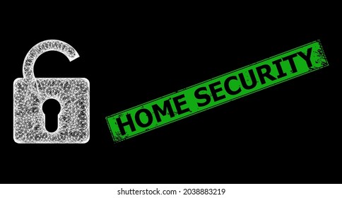 Shiny crossing mesh unlock model with lightspots, and green rectangle textured Home Security seal imitation. Constellation vector structure created from unlock pictogram and intersected white lines.