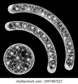 Shiny crossing mesh wireless internet point frame with bright dots. Illuminated vector mesh created from wireless internet point pictogram and crossing white lines.