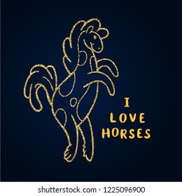 Shiny crystal pattern with cute cartoon horse. Gold glitter sparkles hand drawn doodle funny illustration with text slogan I love horses for card, coloring book, t-shirt, kids fabric fashion print