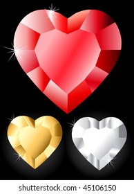 shiny crystals in the shape of a heart, a simple cut: gold, silver and red colors on a dark background.