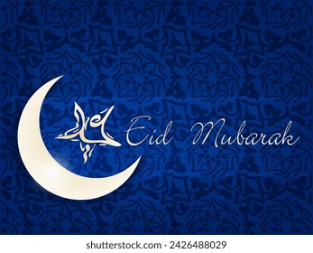 Shiny Curve Moon with Star with Arabic Text Eid Mubarak on Creative Abstract Floral Background for Muslim Community Festival Concept.