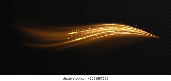 Shiny curved golden beam with radiant energy and magical sparkle glow. Perfect for luxury branding, golden light trails, UI shine, or decorative swirls in high-end visual compositions.