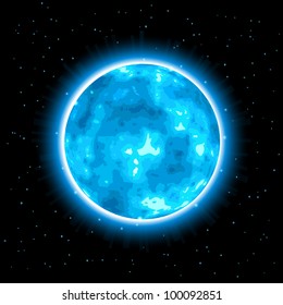 Shiny Cyan Planet with Halo On Black Background. Vector Illustration.
