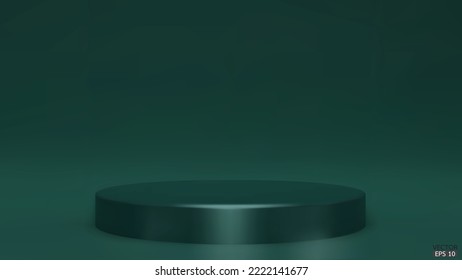 Shiny dark green round pedestal on studio backdrops. Green Blank display or clean room for showing product. Minimalist mockup for podium display or showcase. 3D vector illustration.