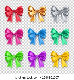 Shiny decorative gift bows from satin tape with shadow isolated on transparent background. Bright spiral bows collection. Realistic decoration for holidays presents. Different 3d objects from silk.