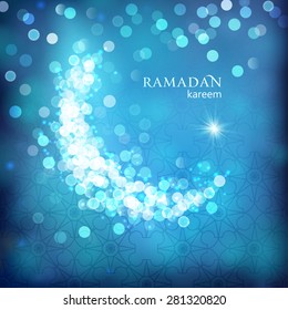 Shiny decorative moon on blue bokeh background for Muslim community events. Ramadan kareem greetings. Festive vector illustration