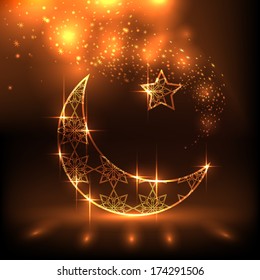 Shiny decorative moon on brown background for Muslim community festival Eid Mubarak.