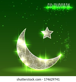 Shiny decorative moon on green background for Muslim community festival Eid Mubarak.