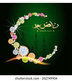 Shiny decorative moon on green background for Muslim community festival Eid Mubarak.