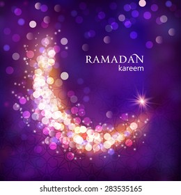 Shiny decorative moon on purple bokeh background for Muslim community events. Eid Mubarak; Ramadan kareem greetings. Festive vector illustration