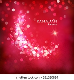 Shiny decorative moon on red bokeh background for Muslim community events. Ramadan kareem greetings. Festive vector illustration