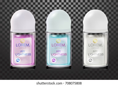 Shiny deodorant antiperspirant on transparent background. 3d realistic vector illustration. Container for lotion, gel, tonic, shampoo, soap and cream. Beauty realistic style.