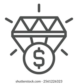 Shiny diamond with dollar line icon, jewelry savings concept. Vector graphics. Gemstone and coin sign on white background, outline style icon for mobile or web design