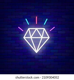 Shiny diamond neon icon. Engagement concept. Glowing effect banner. Jewelry design on brick wall. Luminous label. Editable stroke. Vector stock illustration