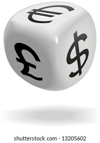 A shiny dice cube rolls currency symbols of money exchage game: dollar; euro; pound.