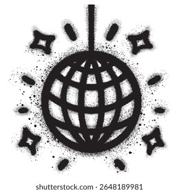 Shiny disco ball with graffiti style with black spray paint. Music, parties, festivals, dance clab. Retro music poster.