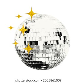 Shiny disco ball halftone collage element. Cut out of a magazine party festive symbol with gold glitter stars decoration. Trendy modern retro vector illustration isolated on transparent background 