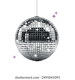 Shiny disco ball halftone photocopy stipple effect 
 collage element with sparkling reflections isolated on white background for party and celebration theme. 