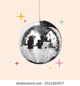 Shiny disco ball. Halftone photocopy stipple effect collage element with sparkling reflections isolated on beige background for party and celebration theme. Abstract dotted torn out paper party globe.