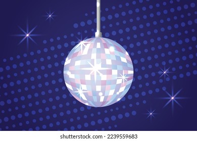 Shiny disco ball on dark blue background. Glowing colorful discoball. Night club party equipment. Luminous mirror ball.