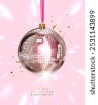 Shiny disco ball ornament hangs on ribbon, bright pink background. Motion effect of flight in dynamics of light rays, gold confetti sparkles. Realistic 3d Christmas party design. Vector illustration