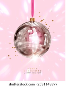 Shiny disco ball ornament hangs on ribbon, bright pink background. Motion effect of flight in dynamics of light rays, gold confetti sparkles. Realistic 3d Christmas party design. Vector illustration