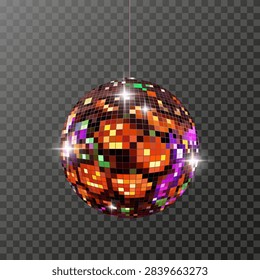 Shiny disco ball with pumpkin face pattern and sparkling lights isolated on transparent background for Halloween party decoration. Vector illustration. Ideal for club posters and festive background