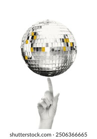 Shiny disco ball spinning on finger halftone collage vector illustration. Cut out of a magazine hand and party festive symbol. Trendy modern retro element with gold glitter decoration