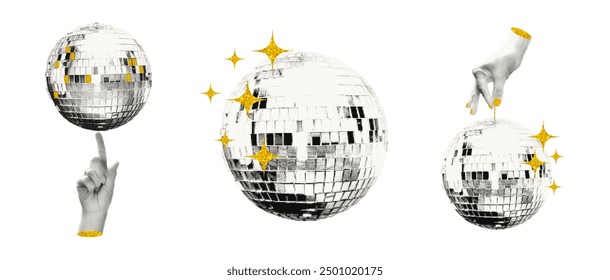 Shiny disco balls and cut out hands halftone collage vector illustration. Set of trendy modern retro elements with gold glitter star decoration isolated on transparent background