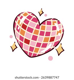 Shiny disco heart with pink and orange square tiles, yellow sparkles and dots. Cute cartoon doodle style. Outline vector illustration for cowgirl aesthetic, barbie decor, stickers, or fun party