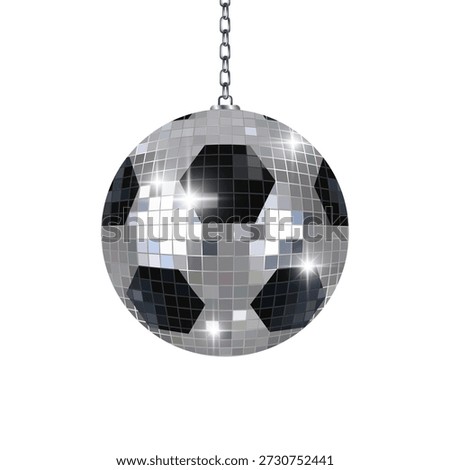 Shiny disco mirror ball shaped like a soccer ball, hanging on chain on a white background. Metallic mirror disco ball. Close up. Silver Disco ball for disco, party. Party, sport, nightlife concept