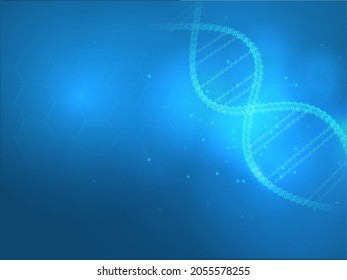 Shiny DNA Structure Made From Tiny Particles On Blue Hexagon Pattern For Health And Medical Concept.
