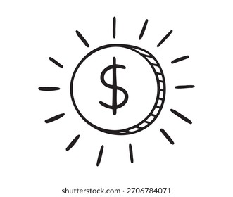 Moeda de dólar brilhante com raios de luz sobre fundo branco. Ilustração vetorial