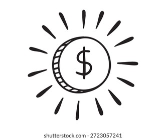 Moneda de dólar brillante con rayos de luz sobre fondo blanco. Ilustración vectorial
