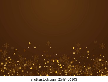 Shiny Dots Vector Brown Background. Yellow Minimal Snowstorm Backdrop. Festive Snowflake Illustration. Glow Snowfall Wallpaper.