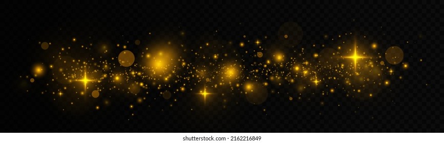 Shiny dust sparks and stars with light effect. Golden glow light effect. Glitter bokeh lights.