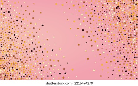 Shiny Dust Vector Pink Background. Yellow Shiny Universe Pattern. Sparkle Festive Banner.  Gilded Cosmos Space Illustration.