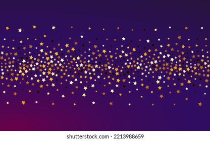 Shiny Dust Vector Purple Background. Gold Cosmos Confetti Wallpaper. Sky Celebration Design.  Gilded Shiny Starry Illustration.