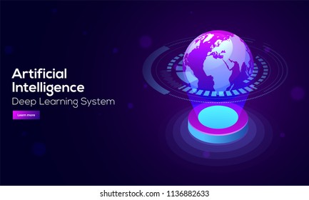 Shiny Earth globe illustration between emerging rays, global deep learning system, Artificial Intelligence (AI) concept based landing page design.